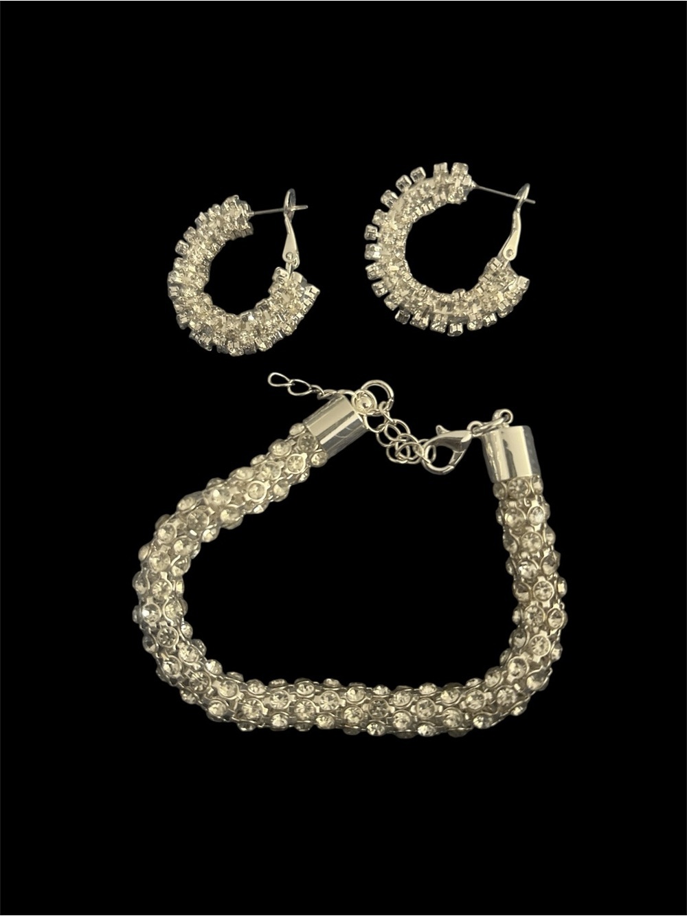 Rhinestone Crystal  bling fashion Hoop Earrings and Bracelet Set - Silver Tone